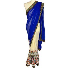 Elegant Blue and Cream Embroidered Saree